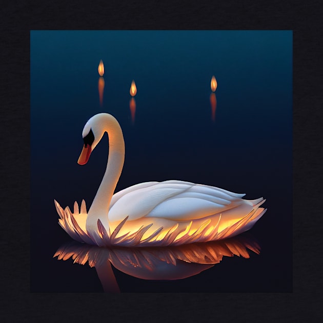 Beautiful, Graceful Swan glowing in a Candlelit Lake. Romantic Image by Geminiartstudio